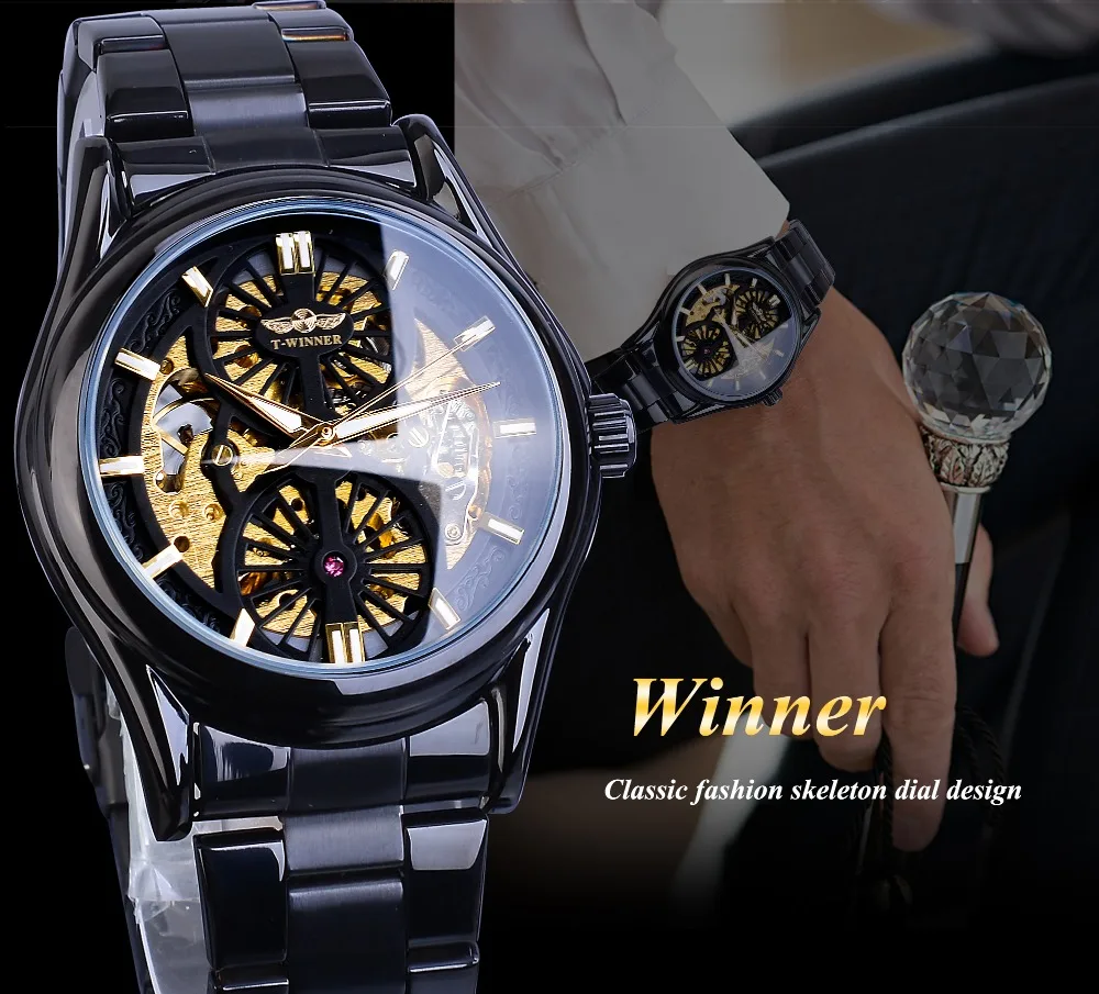Часы-Скелетон Winner, новинка, спортивные механические часы Montre Homme, черные часы со стальным ремешком, мужские деловые автоматические часы