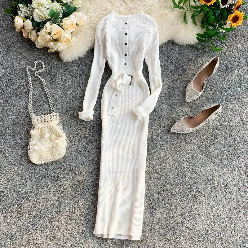 Женское трикотажное платье ALPHALMODA однобортное с длинным рукавом и поясом