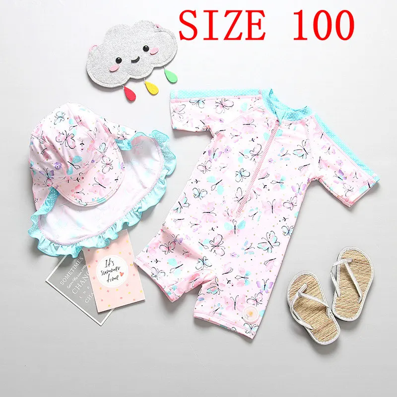 SIZE 100 Купальный костюм для девочек; детский цельный купальный костюм с принтом бабочки; одежда для купания с шапочкой для маленьких девочек; детская пляжная одежда - Цвет: SIZE 100