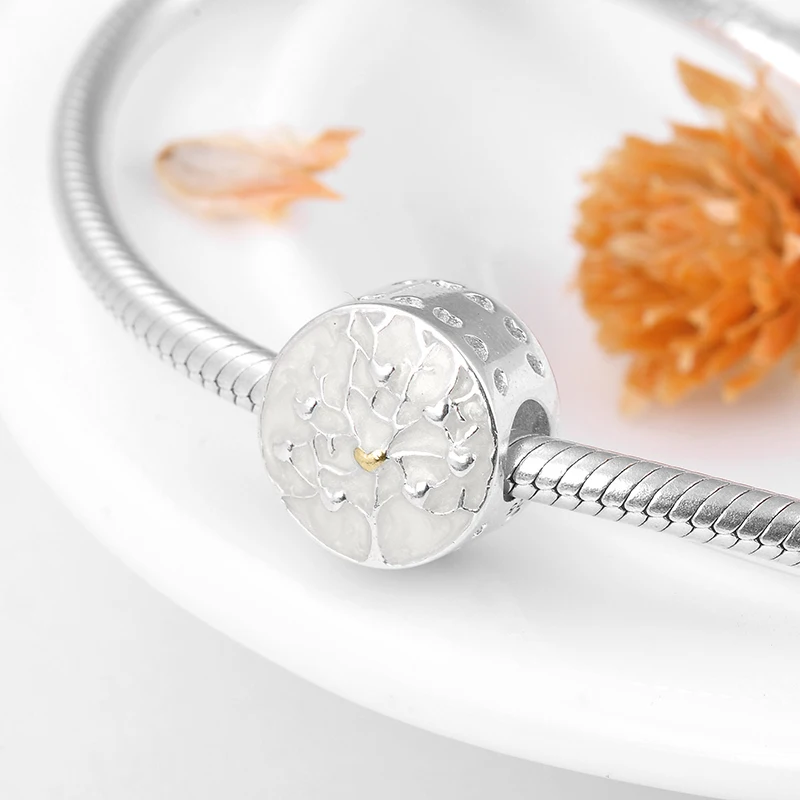 White Enamel Beautiful Pure Tree of life 925 Sterling Silver Metal Beads Fit Original Pandora Bracelet Making Bangles Jewelry | Украшения и