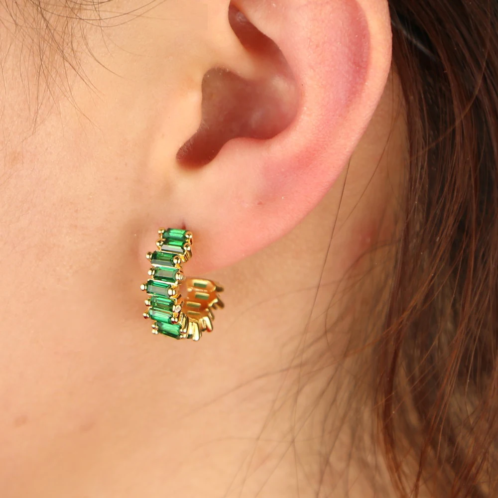 Женские круглые серьги обручи с золотым и зеленым фианитом роскошные летние