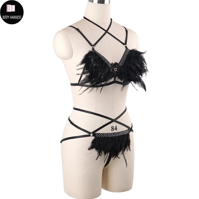 Женский черный укороченный топ с перьями бюстгальтер на бретельках и трусики