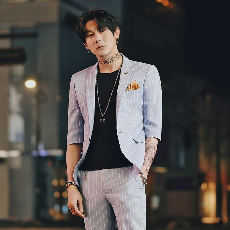 blue Костюм из 2 предметов, вечерние платья Abito Uomo Cerimonia Coreano, мужские костюмы на выпускной,, мужские облегающие смокинги на выпускной, мужские костюмы в тонкую полоску с розами - Цвет: blue