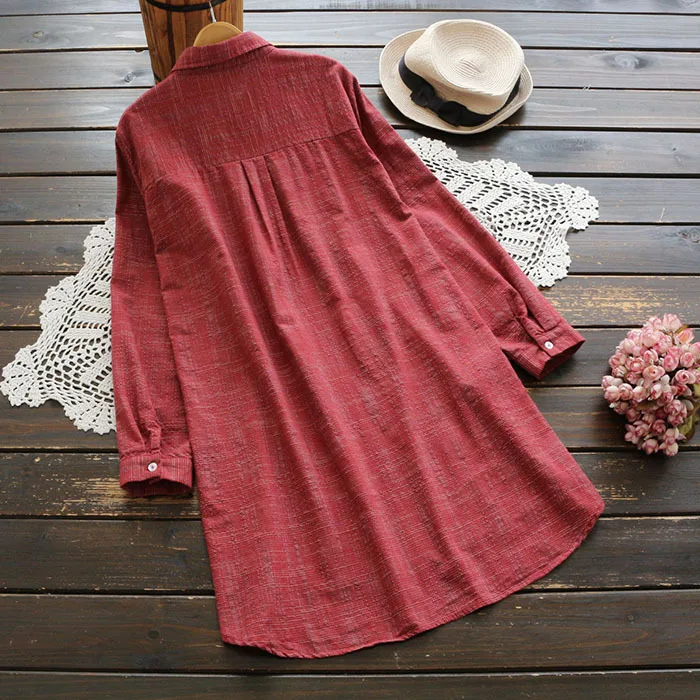 Женская длинная рубашка из хлопка и льна винтажная блузка с длинными рукавами