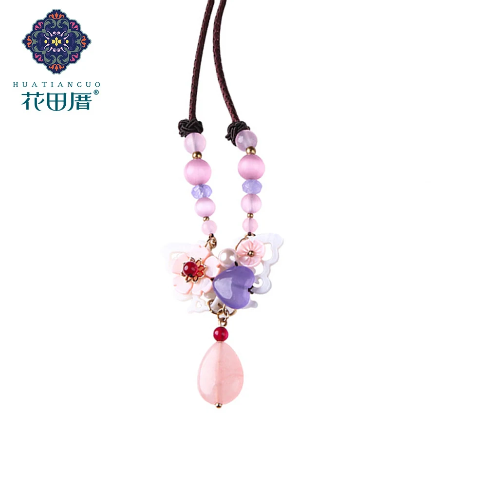 

Ethnic Handmade Tassel Pendant White Shell Flower Imitation Opal Bead Heart Purple Sotnes RopeChain Female Accessories CL-18010