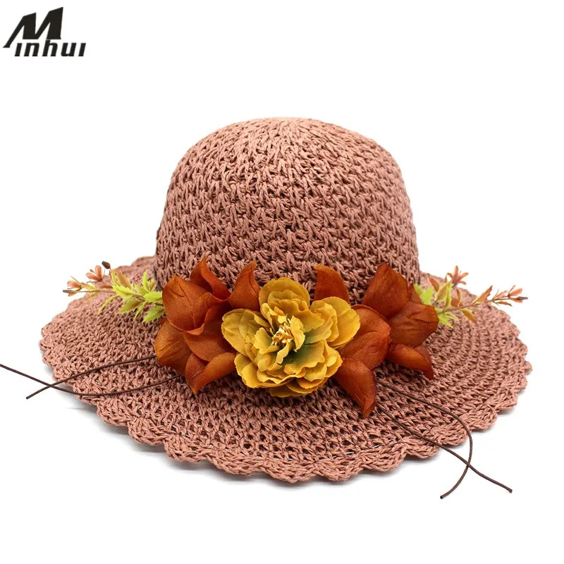 

Minhui 2018 New Fashion Flowers Summer Hats for Women Girls Beach Foldable Straw Hat Floral Caps Female Sun Hat