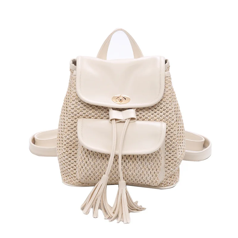 Beige Модный бежевый тканый соломенный рюкзак, женский кожаный коричневый корейский стиль, рюкзак с кисточками для девочки-подростка, дорожная Туристическая сумка на плечо - Цвет: Beige