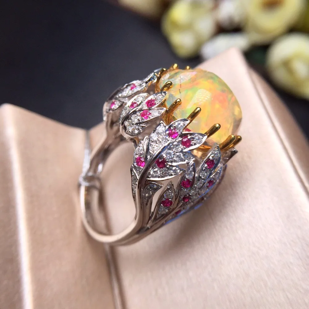 Хорошее ювелирное изделие Настоящее чистое 18 K Белый Золотой AU750 любовь натуральные желтые опаловые драгоценные камни 8ct женские кольца для женщин