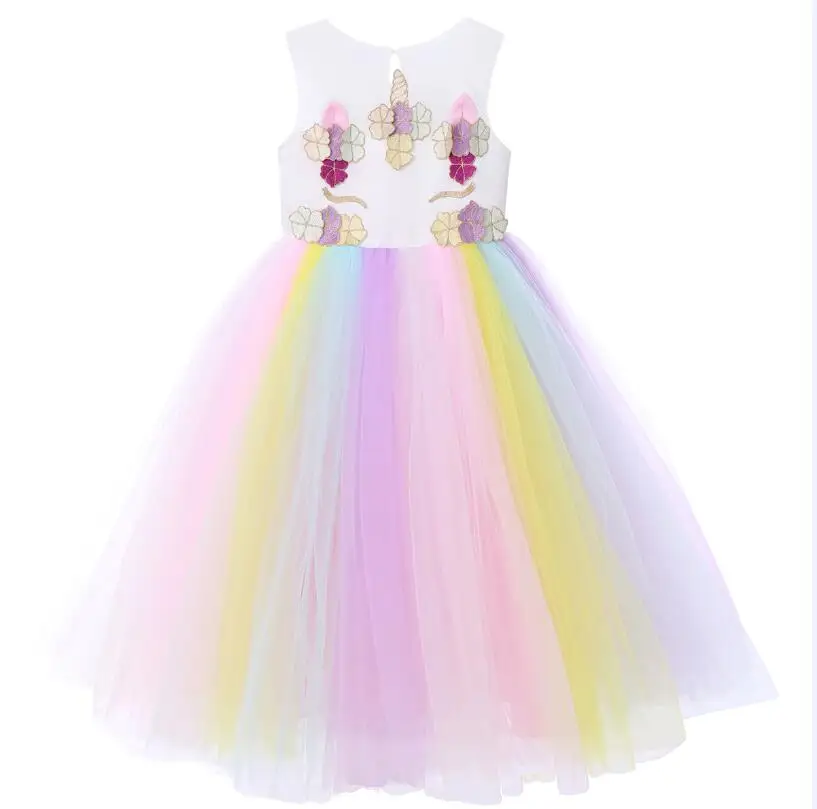 Радужное платье; нарядное платье в цветочек с единорогом; детская одежда для девочек на День рождения; костюм на Хэллоуин; модный костюм для фотосессии - Цвет: dress as picture