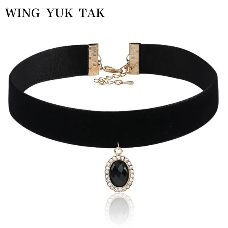 Черный акриловый камень ожерелье бархатная цепочка инкрустированные