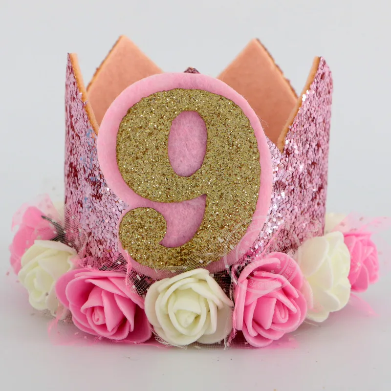pink hat 9 Счастливые шляпы для празднования первого дня рождения, декоративная крышка, один праздничный колпак, корона принцессы, 1-й 2-й 3-й год, детский аксессуар для волос - Цвет: pink hat 9