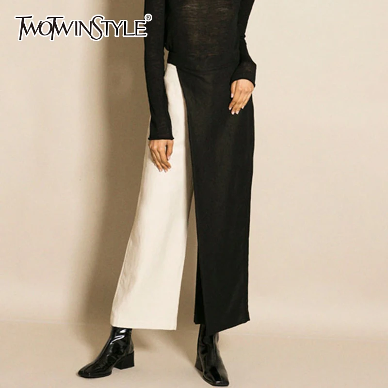TWOTWINSTYLE Лоскутные широкие брюки для женщин Высокая талия на молнии большой размер