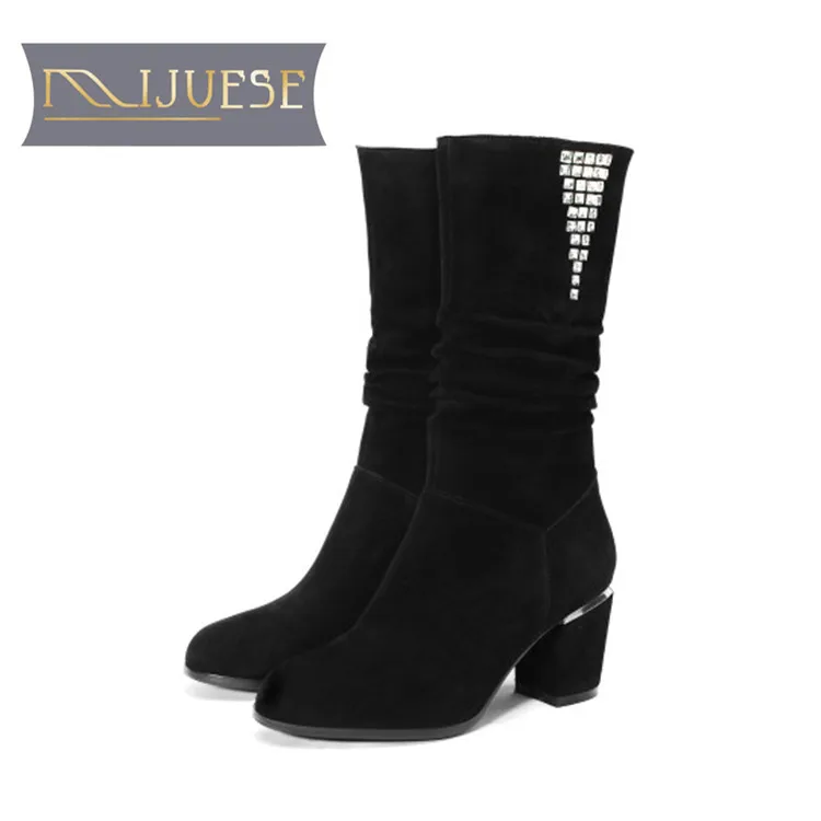 Женские замшевые сапоги со стразами MLJUESE зимние теплые до середины икры на