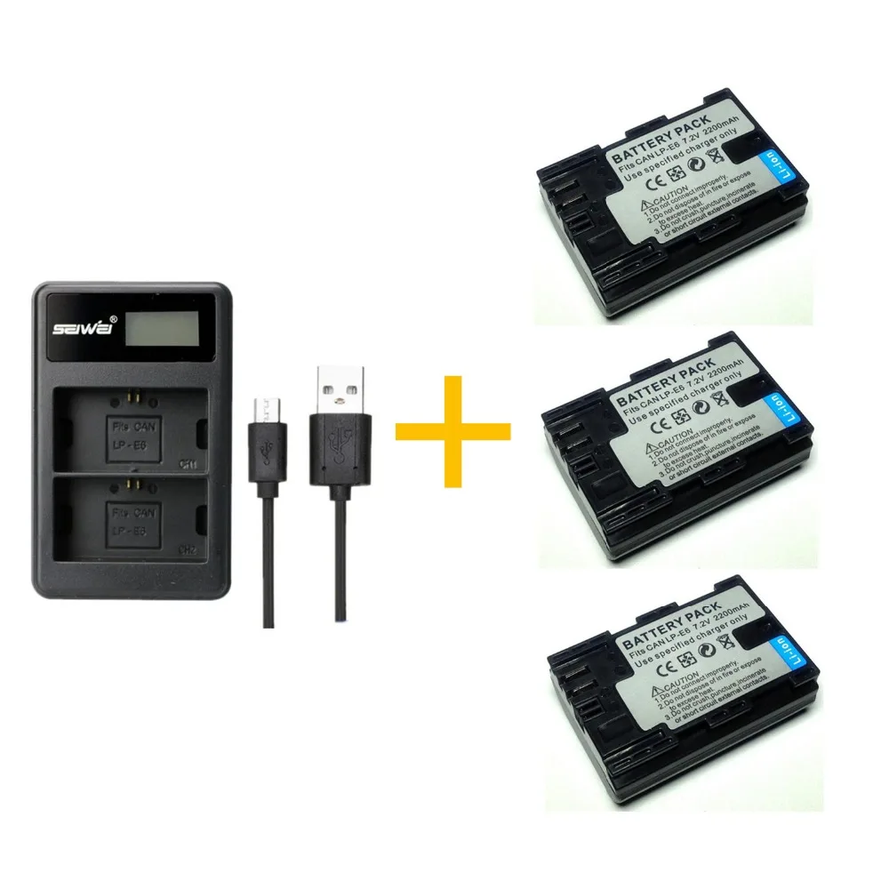 3 шт. 2200 мА/ч LP-E6 LPE6 LP E6 Батарея с LCD Dual charger для цифровой однообъективной зеркальной