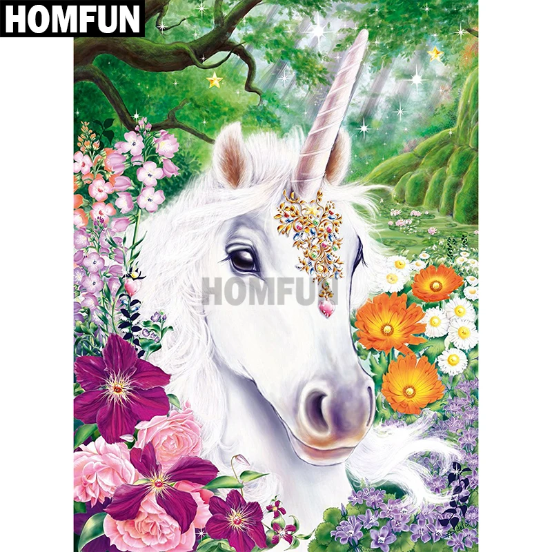 Алмазная живопись HOMFUN A01857 Единорог и цветы вышивка крестиком из