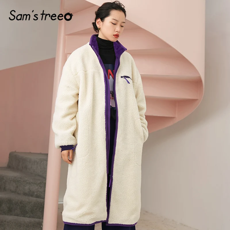 Samstree, однотонное, на молнии, плюшевое, ленивое, толстое, овечья шерсть, кашемировое пальто для женщин, зима, контрастный цвет, плюшевая, повседневная женская верхняя одежда