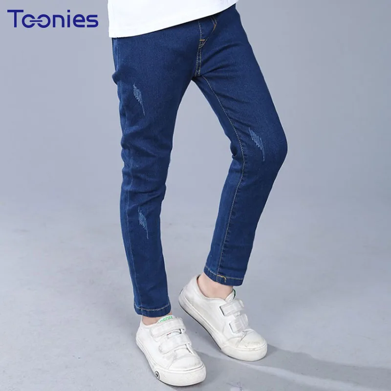 2018 высокое качество полной длины Мальчики Джинсы Solid Цвет эластичный пояс дети