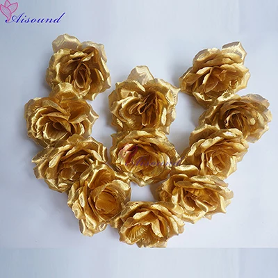 Gold 50 шт., 10 см, шелковые розы, серебряные и золотые цветы для свадебного украшения, декоративные цветы и венки, рождественские принадлежности - Цвет: Gold