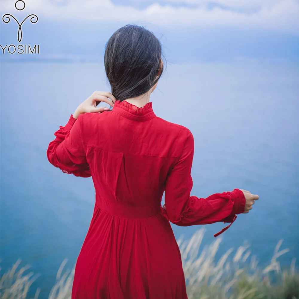 Женское длинное платье YOSIMI красное шифоновое туника до колена с длинным рукавом