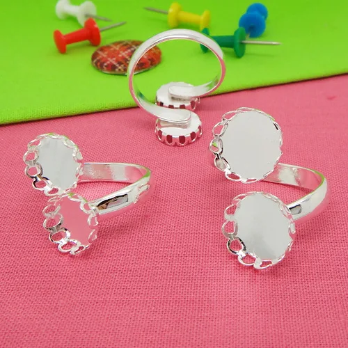 4pcs  fit 10mm-12mm Wholesale Silver Plated Ring Blank Jewelry with Double Lace edge Bezel Setting Tray Cameo Cabochons