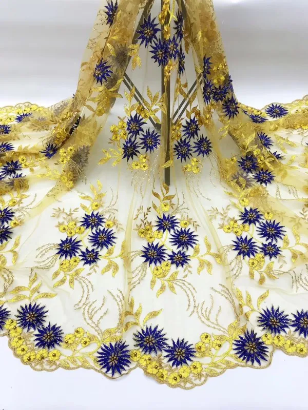 yellow Beaded African lace fabrics pretty french tulLe fabric 5yards flower pattern wholesale for wedding party FFL7-2 | Дом и сад