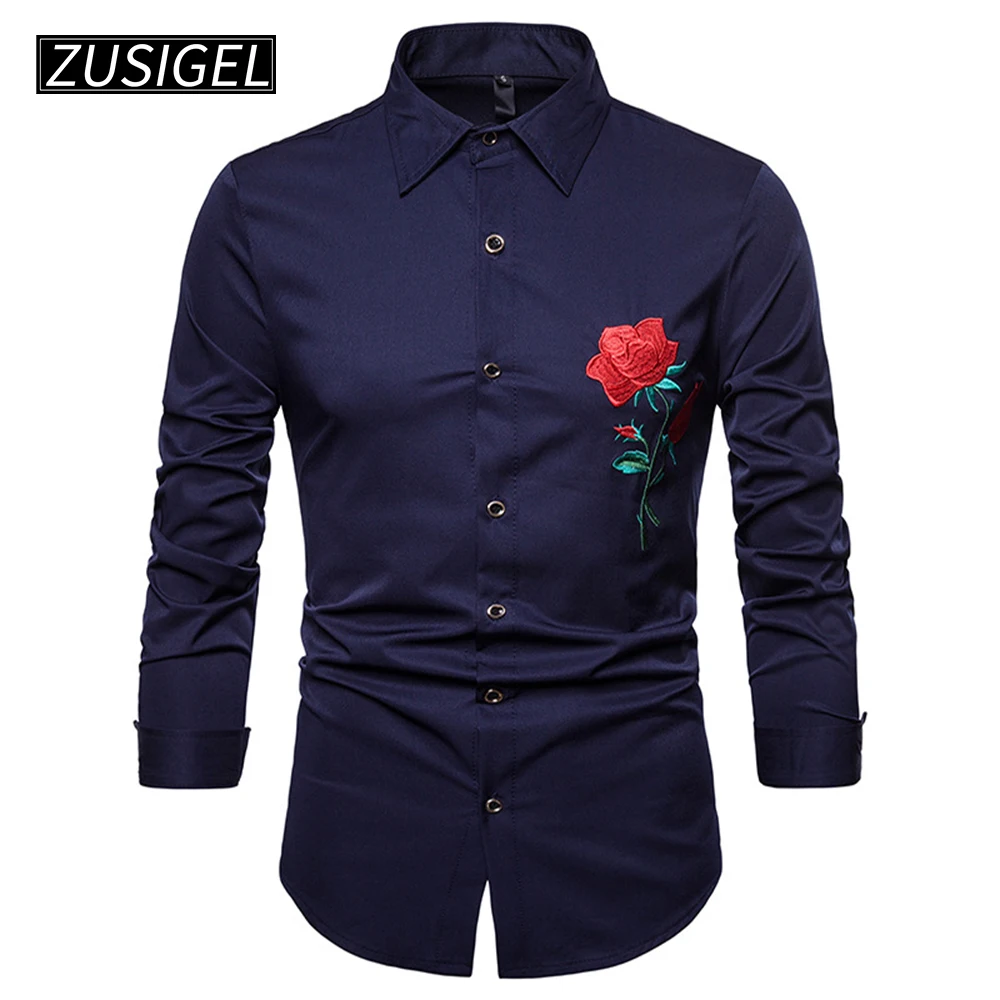 ZUSIGEL мужские рубашки Slim fit корт стиль Роза вышивка сплошной длинный рукав кнопка