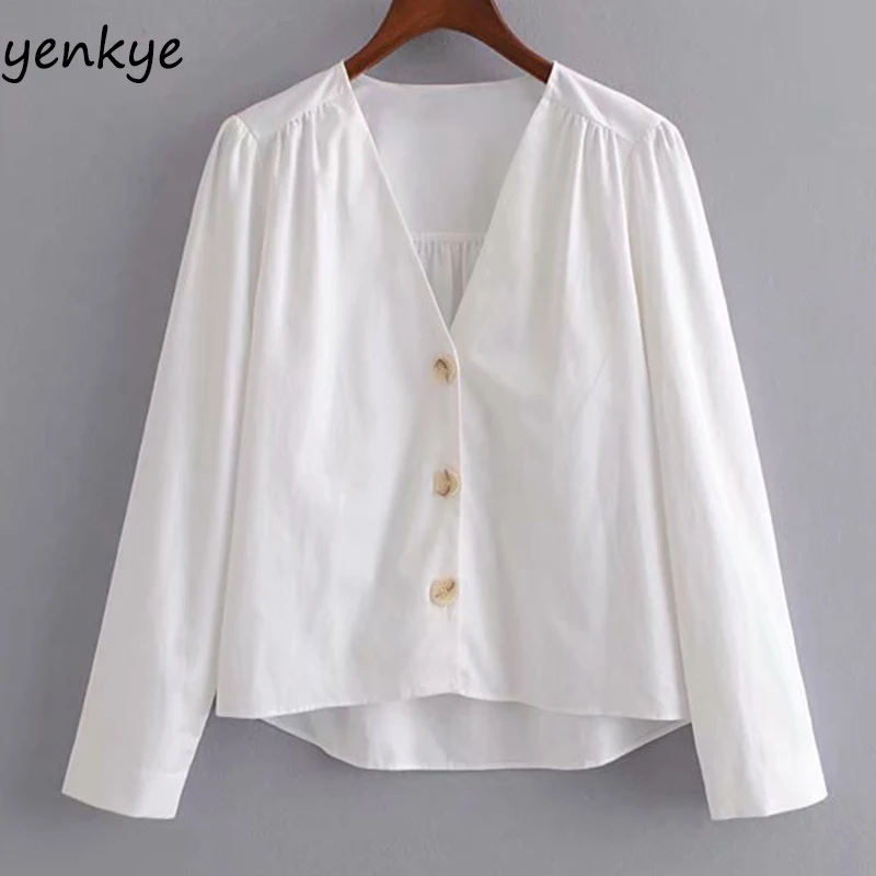 Европейский стиль женская однотонная белая блузка рубашка v образный вырез плечо