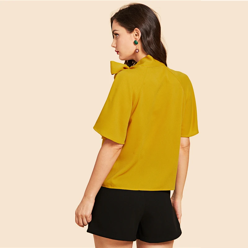 SHEIN Яркий Топ С Бантом И Рукавами Флаттерами, Нарядная Офисная Блузка