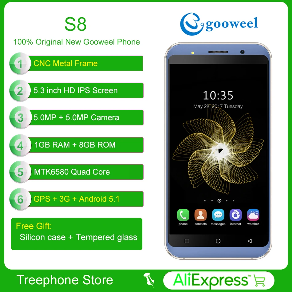 Оригинальный смартфон Gooweel S8 четырёхъядерный экран 5 3 дюйма IPS HD 1 Гб + 8 3G мобильный