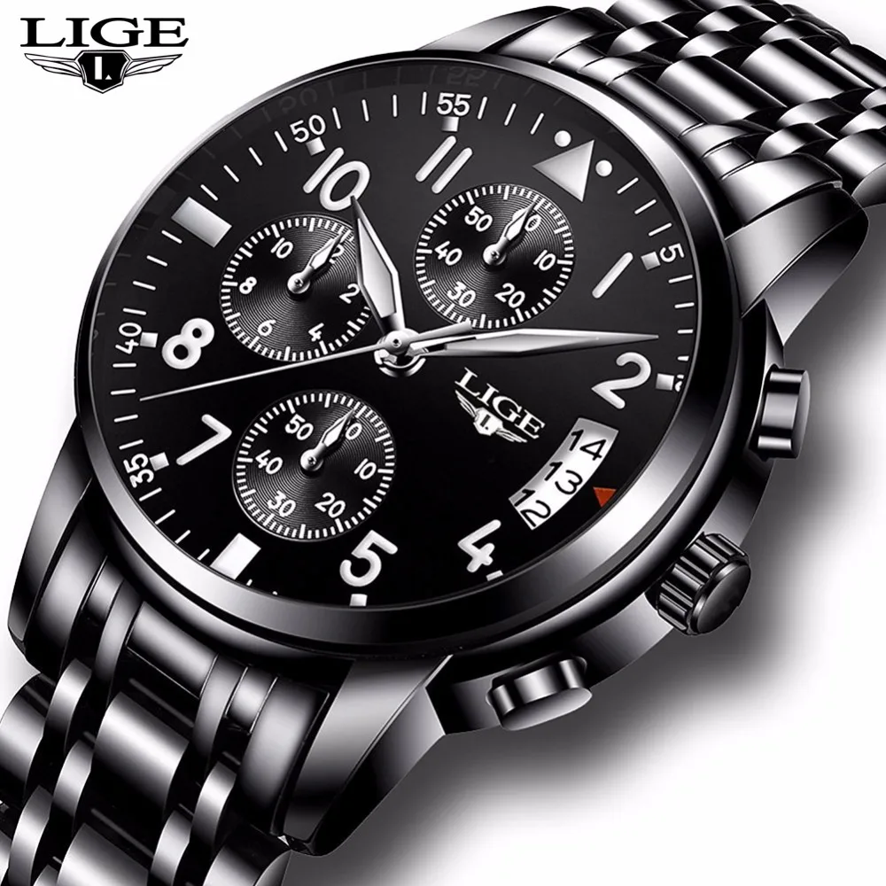 LIGE мужские часы Reloj Hombre Топ бренд класса люкс Модные Бизнес Кварцевые Спортивные полностью стальные водонепроницаемые черные часы Relogio Masculino