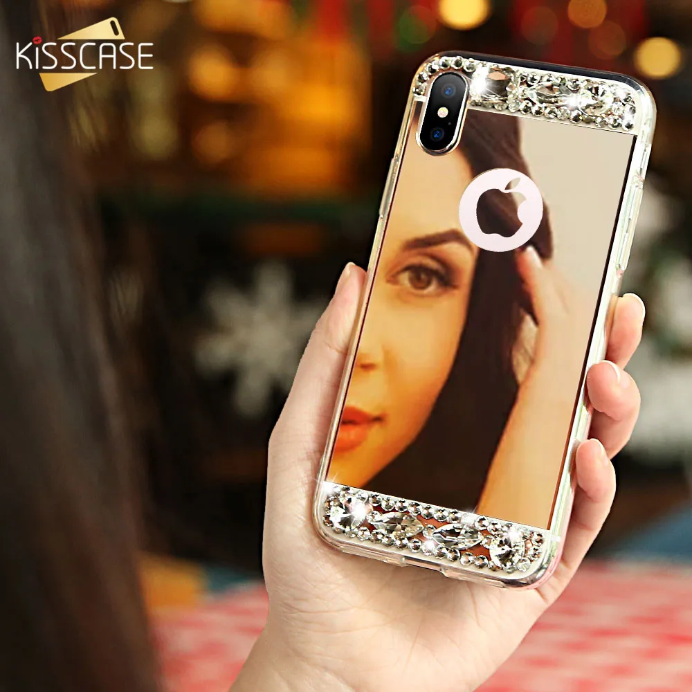 Kisscase Корпус для iPhone 6S 6 7 Plus X Корпуса Акриловое зеркало Jeweled Мягкие чехлы TPU 5S 5 SE 10