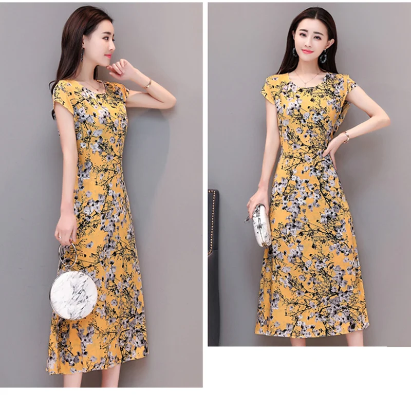 Летнее женское платье с круглым вырезом и цветочным принтом хлопковые платья