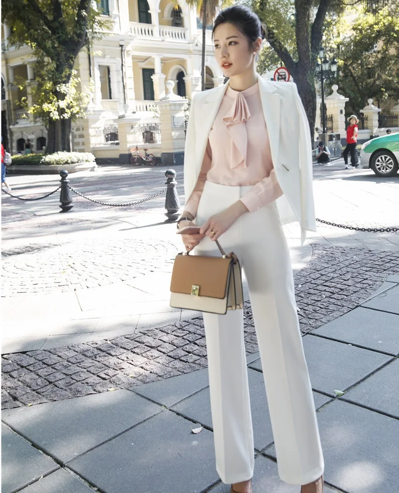 

Ladies White Fashion 2018 Autumn Winter Formal Women Business Suits With Big Pants and Jackets Sets OL Styles Pants Suits