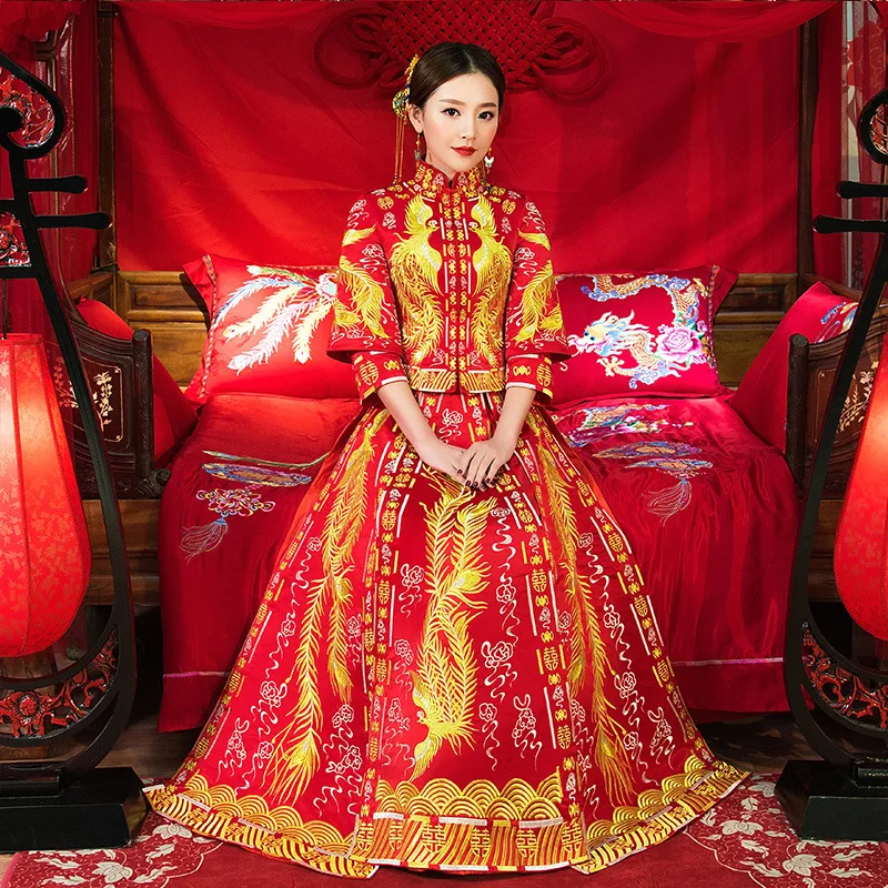 Роскошное Королевское красное платье с вышивкой китайское свадебное Ципао