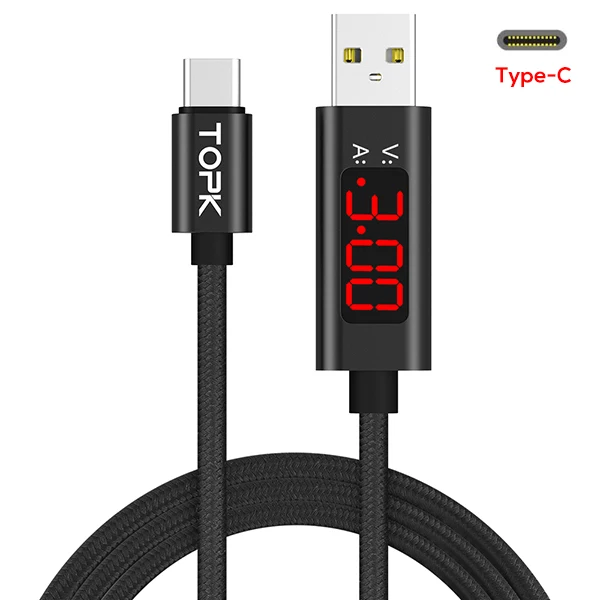 Черный Кабель TOPK DLine1 usb type C с дисплеем напряжения и тока, нейлоновый плетеный кабель для быстрой зарядки type-C для samsung S9 Note 8 USB C - Цвет: Черный
