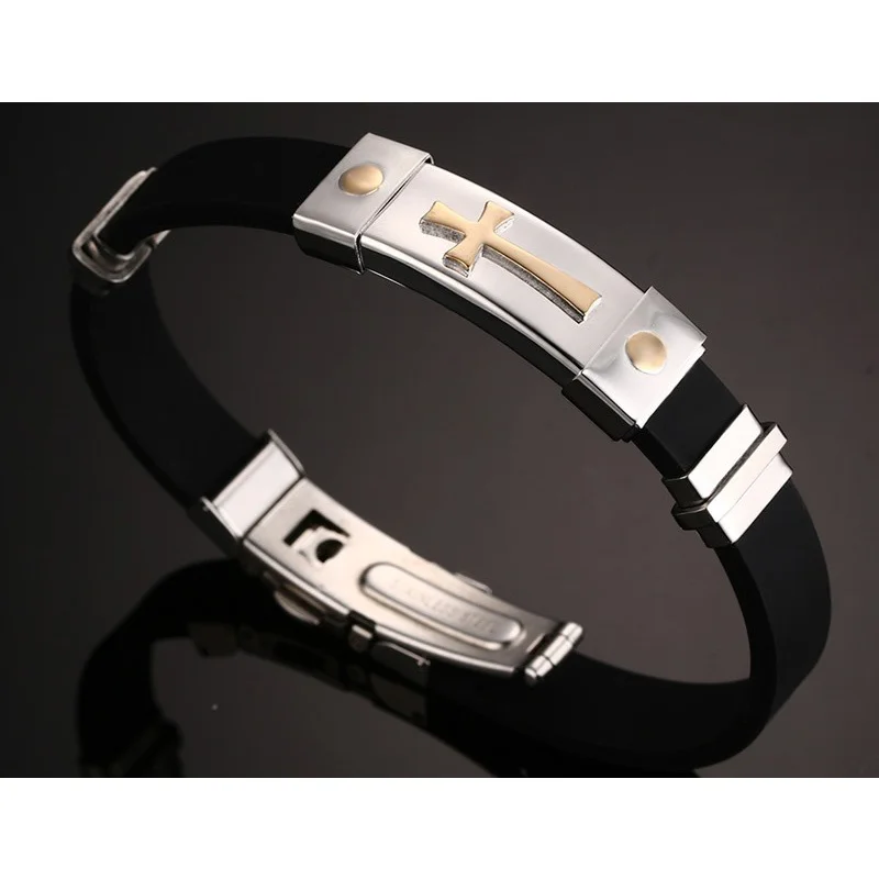 Мужской браслет из нержавеющей стали золотого цвета с крестом простой