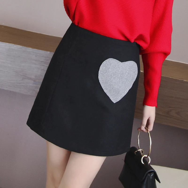 

Customize Autumn Winter New Love Heart Wool&Blend Skirt Women Gray Black Skirt Female All-match A-Line Mini Skirts Saias Longa
