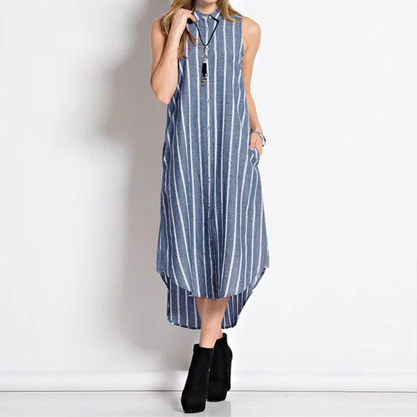 2019 Fashion Women's Summer Cotton Linen Mid-Calf A-Line Dress New Casual Stripe Sleeveless Turn-Down Collar Breasted A50 | Женская