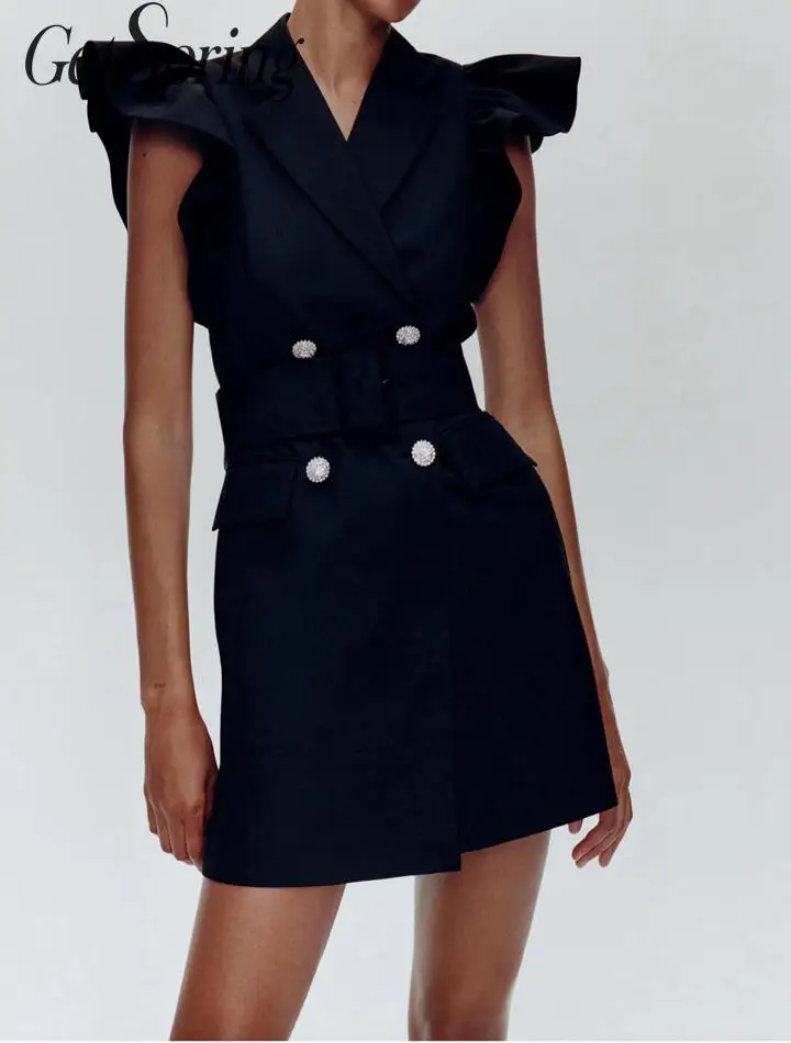 Getвесеннее женское платье с оборками без рукавов костюм платья черным поясом