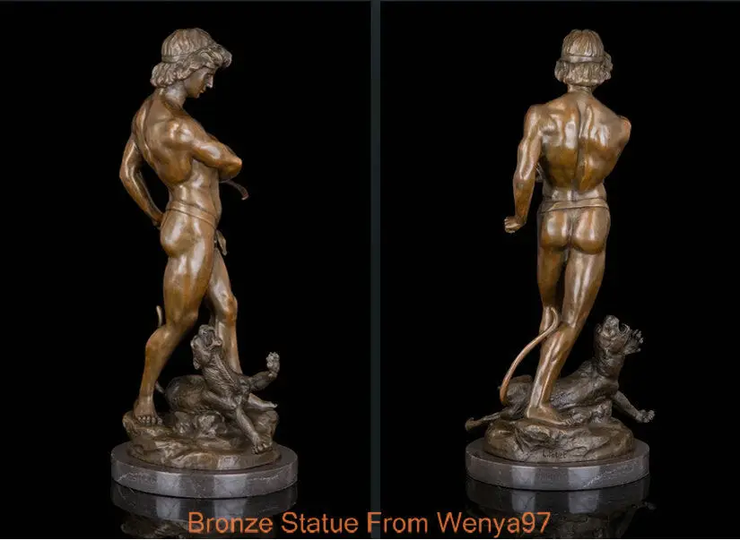 Art Deco Sculpture Nude Man Hunter With Tiger Bronze Statue Signed | Декор для дома