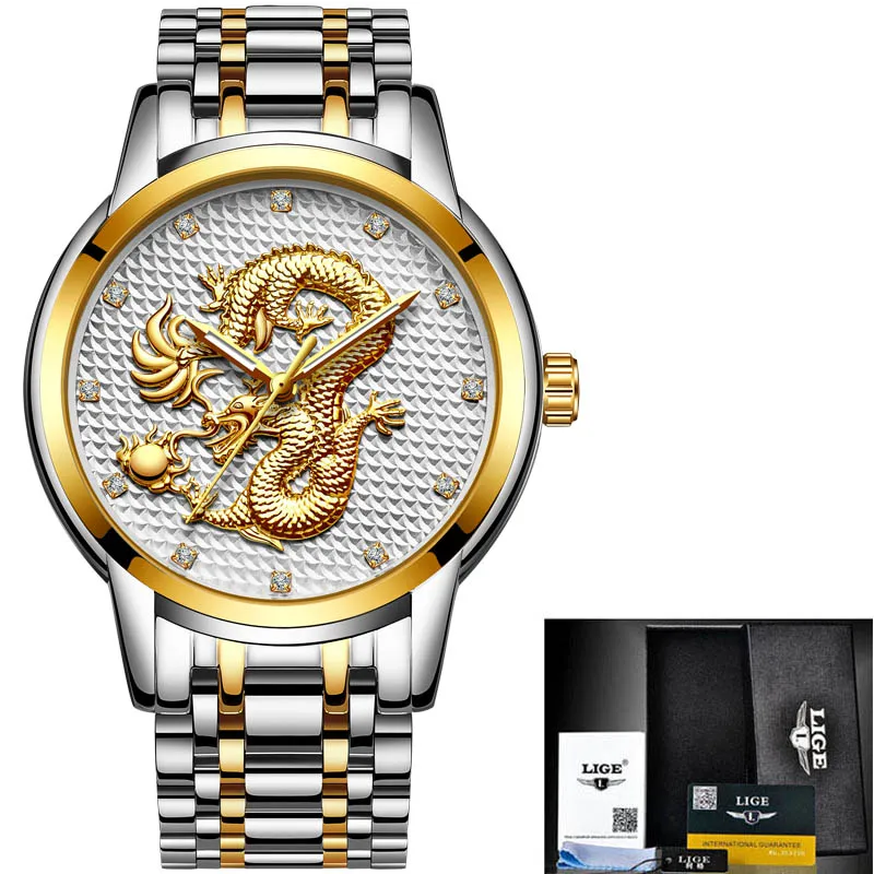 Gold white steel Relogio Masculino LIGE мужские часы Топ бренд класса люкс Золотой Дракон Бизнес Кварцевые часы мужские полностью стальные водонепроницаемые наручные часы+ коробка - Цвет: Gold white steel