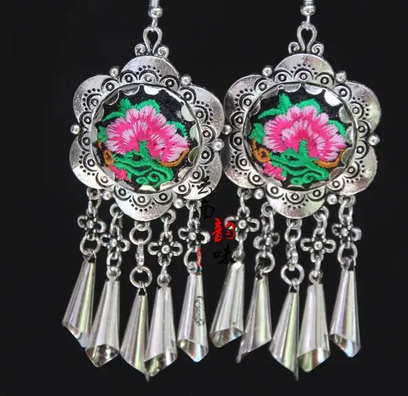 Ручной работы из Miao серебра серьги ткани в этническом стиле Стиль ретро длинные