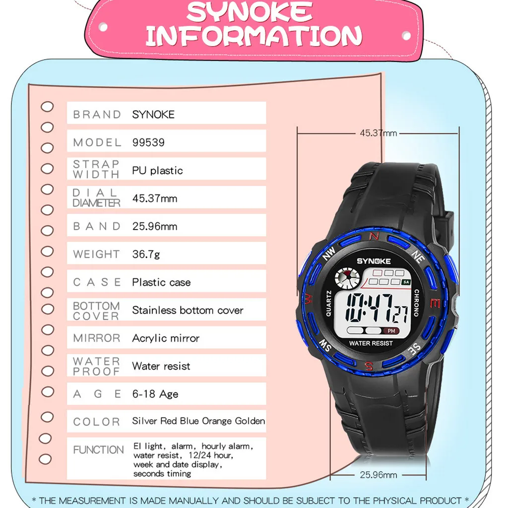 

SYNOKE Children Watches Cute Kids Watches Sports Waterproof Watch for Girls boys Rubber Children's Digital LED Wristwatches A4
