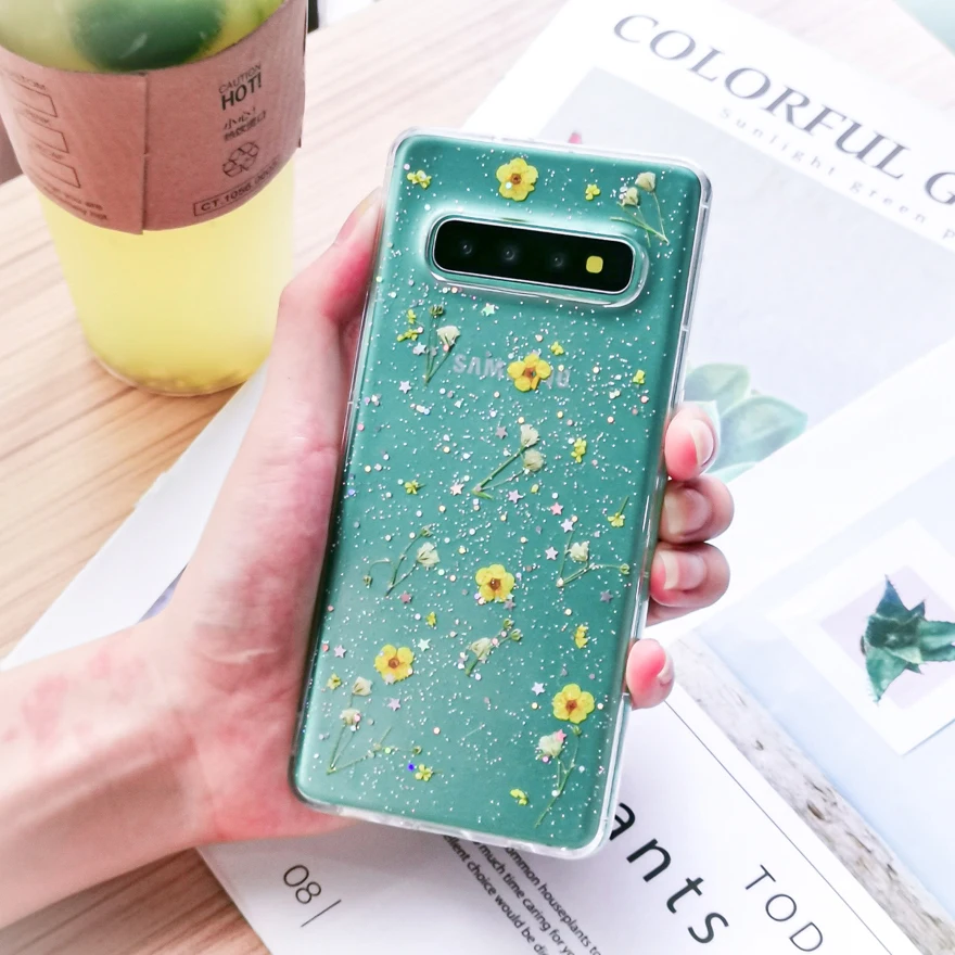 Прозрачные блестящие чехлы с высушенными цветами для samsung Galaxy S10 S9 Plus, прозрачные блестящие накладки на заднюю панель с настоящими цветами для Galaxy S9