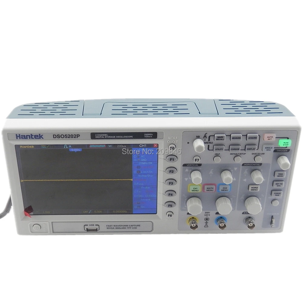 7'' TFT LCD 2CH Record Length 40K USB AC110-220V 200MHz 2 Channels 1GSa/s Hantek DSO5202P Digital storage oscilloscope |