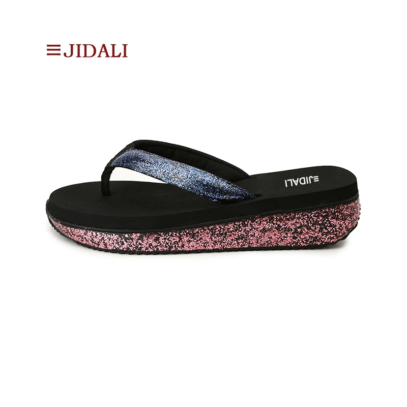 JIDALI/Модные женские шлепанцы на танкетке розовые и синие цвета уличные Шлепанцы
