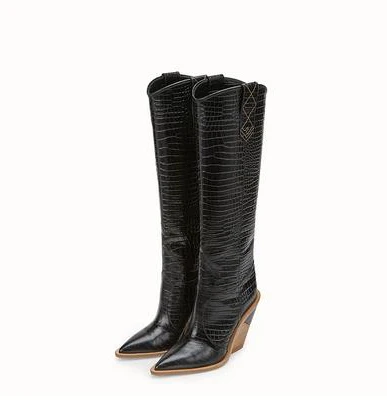 black leather in Prova Perfetto, Подиумные стильные женские сапоги до колена с острым носком, не сужающийся книзу массивный высокий каблук, Женская Ковбойская обувь без шнуровки, синий, розовый, желтый - Цвет: black leather in