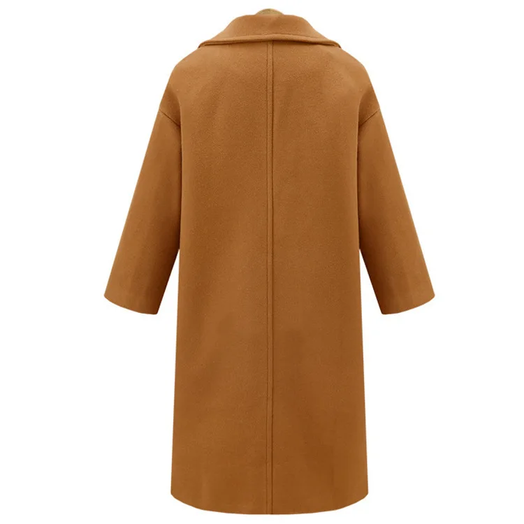 Зимнее новое женское длинное шерстяное пальто большого размера с отворотом