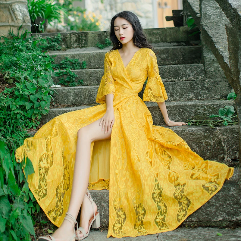 Женское винтажное платье макси в стиле бохо желтое черное пляжное Повседневное с