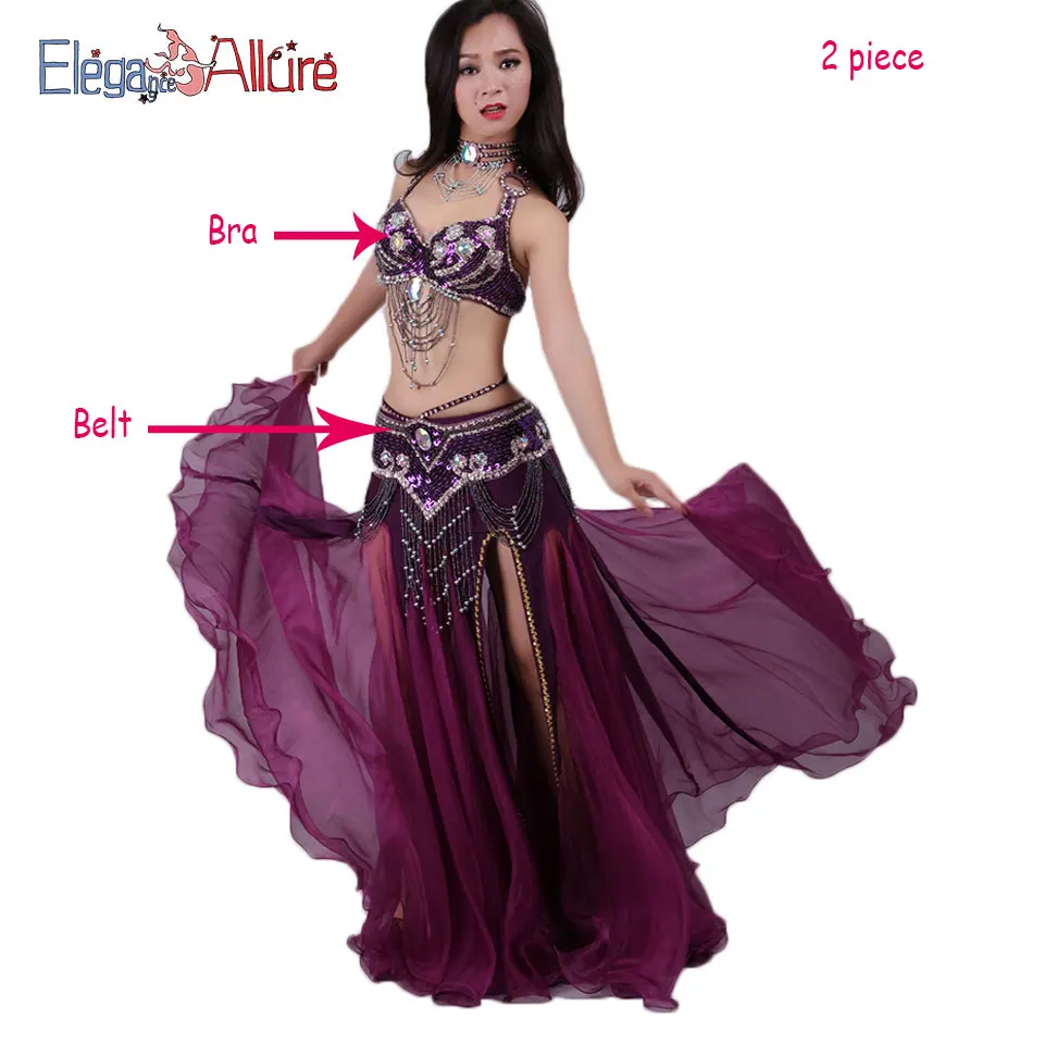 Purple 2pcs brbe E&A 5 шт. Набор для танца живота бюстгальтер юбка ожерелье браслет пояс наборы танец живота Болливуд костюм для женщин женское платье для сцены - Цвет: Purple 2pcs brbe